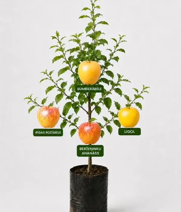 Rodinná multi-jabloň (Malus domestica) BUMBIERĀBELE + RĪGAS ROŽĀBELE + BERŽEŅINKU ANANĀSS + LIGOL 26/15