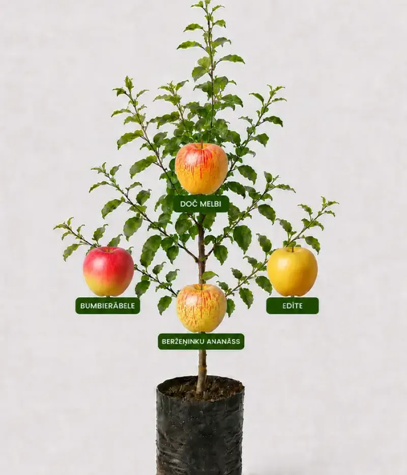 Familien-Apfelbaum (Malus domestica) BUMBIERĀBELE + DOČ MELBI +BERŽEŅINKU ANANĀSS + EDĪTE 26/28 - Tutifruti, s.r.o.