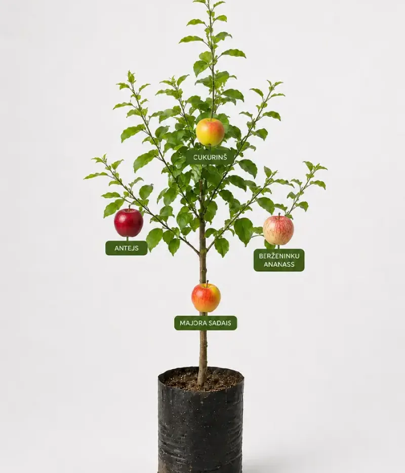 Rodinná multi-jabloň (Malus domestica) CUKURIŅŠ + MAJORU SALDAIS + BERŽEŅINKU ANANASS + ANTEJS 26/31 - Tutifruti, s.r.o.