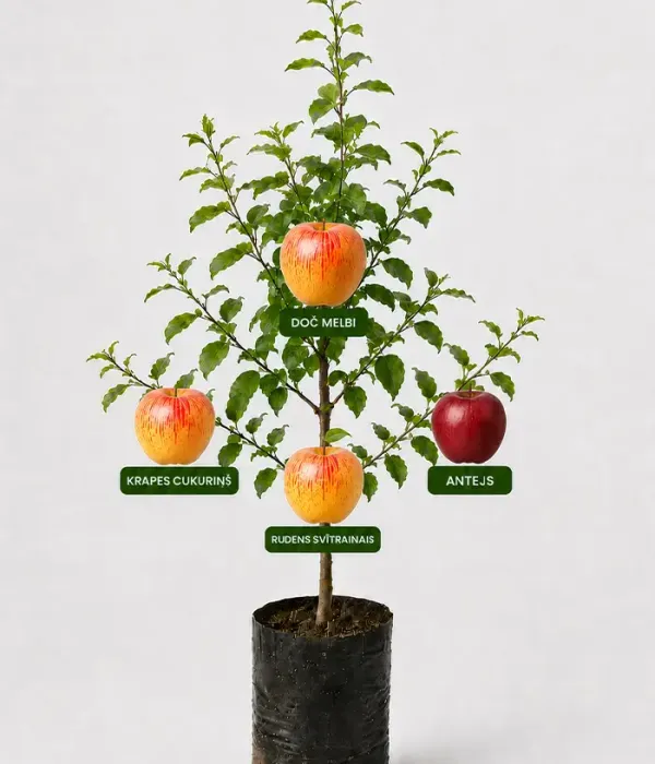 Rodinná multi-jabloň (Malus domestica) KRAPES CUKURIŅŠ + DOČ MELBI + RUDENS SVĪTRAINAIS + ANTEJS 26/6